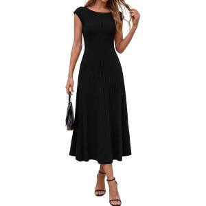 image:imageBTFBM Womens Spring Dresses 2026 Asymmetrical Neck Short Sleeve Pleated Swing Knit Midi Dress Business CasualBlack