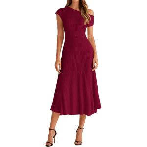 image:imageBTFBM Womens Spring Dresses 2026 Asymmetrical Neck Short Sleeve Pleated Swing Knit Midi Dress Business CasualBurgundy