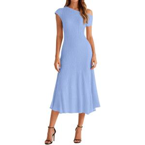 image:imageBTFBM Womens Spring Dresses 2026 Asymmetrical Neck Short Sleeve Pleated Swing Knit Midi Dress Business CasualLight Blue