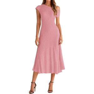 image:imageBTFBM Womens Spring Dresses 2026 Asymmetrical Neck Short Sleeve Pleated Swing Knit Midi Dress Business CasualPink