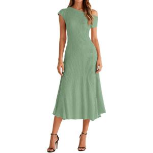 image:imageBTFBM Womens Spring Dresses 2026 Asymmetrical Neck Short Sleeve Pleated Swing Knit Midi Dress Business CasualSage Green