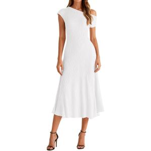 image:imageBTFBM Womens Spring Dresses 2026 Asymmetrical Neck Short Sleeve Pleated Swing Knit Midi Dress Business CasualWhite