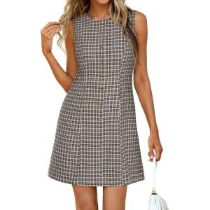 image:imageBTFBM Womens Summer Dress 2026 Spring Plaid Crew Neck Sleeveless Button Bodycon Mini Vintage Business Casual DressesBlack Grey