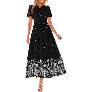 image:imageBTFBM Womens Summer Dresses 2026 Casual Short Sleeve Elastic Waist Flowy Beach Vacation Floral Boho Maxi Dress PocketsBlack White Flower