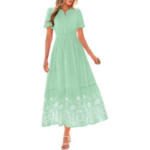 image:imageBTFBM Womens Summer Dresses 2026 Casual Short Sleeve Elastic Waist Flowy Beach Vacation Floral Boho Maxi Dress PocketsGrey Green White Flower
