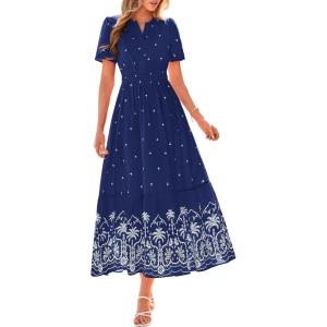 image:imageBTFBM Womens Summer Dresses 2026 Casual Short Sleeve Elastic Waist Flowy Beach Vacation Floral Boho Maxi Dress PocketsNavy White Flower