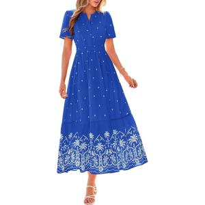 image:imageBTFBM Womens Summer Dresses 2026 Casual Short Sleeve Elastic Waist Flowy Beach Vacation Floral Boho Maxi Dress PocketsRoyal Blue White Flower