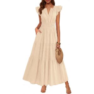 image:imageBTFBM Womens Summer Maxi Dress 2026 Spring Boho Vacation Ruffle Flutter Short Sleeve A Line Tiered Flowy Dresses PocketsApricot