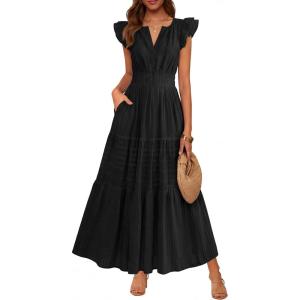 image:imageBTFBM Womens Summer Maxi Dress 2026 Spring Boho Vacation Ruffle Flutter Short Sleeve A Line Tiered Flowy Dresses PocketsBlack