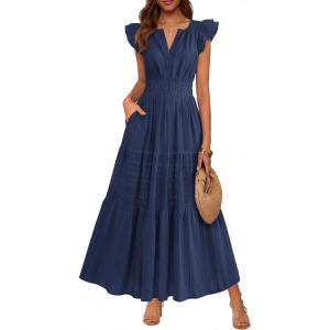 image:imageBTFBM Womens Summer Maxi Dress 2026 Spring Boho Vacation Ruffle Flutter Short Sleeve A Line Tiered Flowy Dresses PocketsNavy Blue