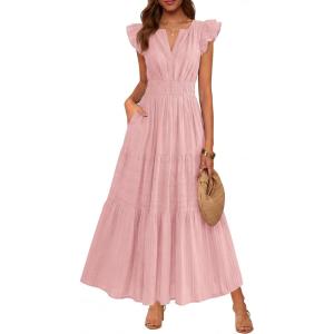 image:imageBTFBM Womens Summer Maxi Dress 2026 Spring Boho Vacation Ruffle Flutter Short Sleeve A Line Tiered Flowy Dresses PocketsPink
