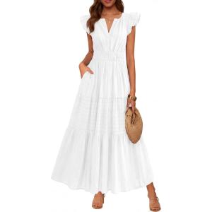 image:imageBTFBM Womens Summer Maxi Dress 2026 Spring Boho Vacation Ruffle Flutter Short Sleeve A Line Tiered Flowy Dresses PocketsWhite