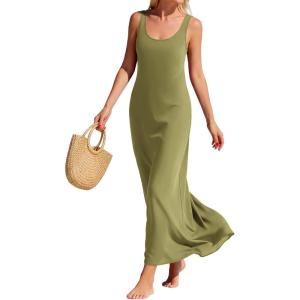 image:imageBTFBM Womens Summer Tank Dress 2026 Sleeveless Scoop Neck Boho Sundress Satin Loose Flowy Party Beach DressesArmy Green