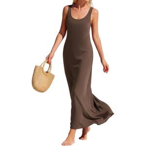 image:imageBTFBM Womens Summer Tank Dress 2026 Sleeveless Scoop Neck Boho Sundress Satin Loose Flowy Party Beach DressesBrown
