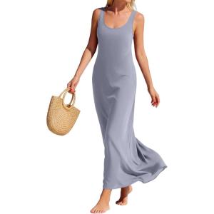 image:imageBTFBM Womens Summer Tank Dress 2026 Sleeveless Scoop Neck Boho Sundress Satin Loose Flowy Party Beach DressesGrey Blue