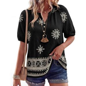 image:imageBTFBM Womens Summer Tops Boho V Neck Short Sleeve Dressy Casual Business Blouses Flowy Floral Print Shirt Trendy 2026Floral Black Apricot