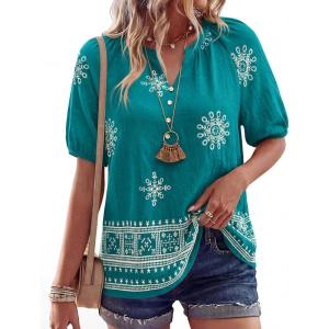 image:imageBTFBM Womens Summer Tops Boho V Neck Short Sleeve Dressy Casual Business Blouses Flowy Floral Print Shirt Trendy 2026Floral Lake Blue White