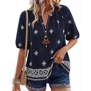 image:imageBTFBM Womens Summer Tops Boho V Neck Short Sleeve Dressy Casual Business Blouses Flowy Floral Print Shirt Trendy 2026Floral Navy Apricot