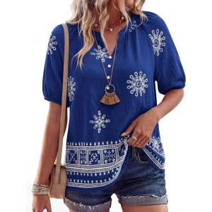 image:imageBTFBM Womens Summer Tops Boho V Neck Short Sleeve Dressy Casual Business Blouses Flowy Floral Print Shirt Trendy 2026Floral Royal Blue White