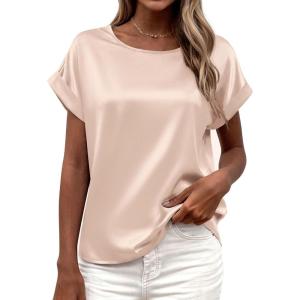 image:imageBTFBM Womens Summer Tops Satin Blouses Dressy Casual Loose Crewneck Short Sleeve Shirts 2026 Work Business OutfitsBeige