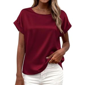 image:imageBTFBM Womens Summer Tops Satin Blouses Dressy Casual Loose Crewneck Short Sleeve Shirts 2026 Work Business OutfitsBurgundy