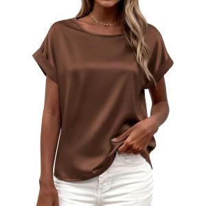 image:imageBTFBM Womens Summer Tops Satin Blouses Dressy Casual Loose Crewneck Short Sleeve Shirts 2026 Work Business OutfitsChocolate Brown