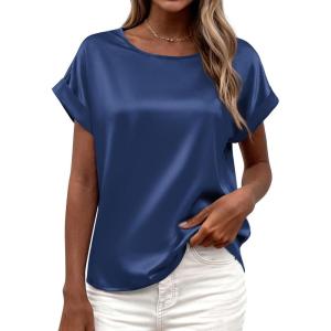 image:imageBTFBM Womens Summer Tops Satin Blouses Dressy Casual Loose Crewneck Short Sleeve Shirts 2026 Work Business OutfitsDark Grey Blue