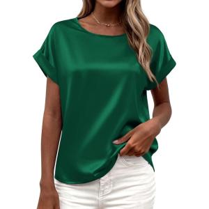 image:imageBTFBM Womens Summer Tops Satin Blouses Dressy Casual Loose Crewneck Short Sleeve Shirts 2026 Work Business OutfitsGreen