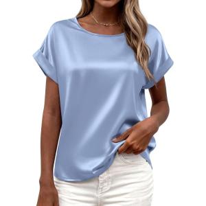 image:imageBTFBM Womens Summer Tops Satin Blouses Dressy Casual Loose Crewneck Short Sleeve Shirts 2026 Work Business OutfitsLight Blue