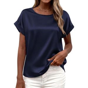 image:imageBTFBM Womens Summer Tops Satin Blouses Dressy Casual Loose Crewneck Short Sleeve Shirts 2026 Work Business OutfitsNavy