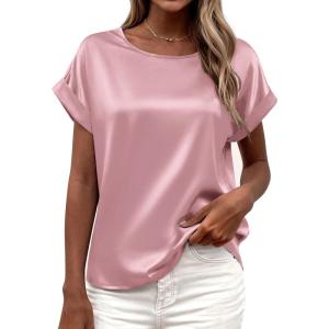 image:imageBTFBM Womens Summer Tops Satin Blouses Dressy Casual Loose Crewneck Short Sleeve Shirts 2026 Work Business OutfitsPink