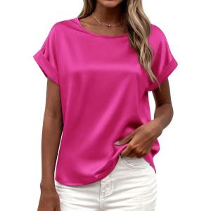 image:imageBTFBM Womens Summer Tops Satin Blouses Dressy Casual Loose Crewneck Short Sleeve Shirts 2026 Work Business OutfitsRose Red
