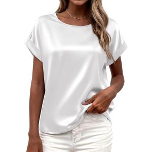 image:imageBTFBM Womens Summer Tops Satin Blouses Dressy Casual Loose Crewneck Short Sleeve Shirts 2026 Work Business OutfitsWhite