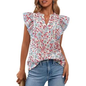 image:imageBTFBM Womens Tops Dressy Casual 2026 Spring Summer Shirts Boho Floral V Neck Ruffle Cap Sleeve Business Work BlousesFloral Beige Multi