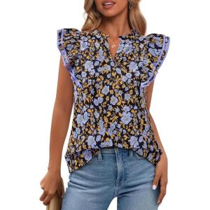 image:imageBTFBM Womens Tops Dressy Casual 2026 Spring Summer Shirts Boho Floral V Neck Ruffle Cap Sleeve Business Work BlousesFloral Blue