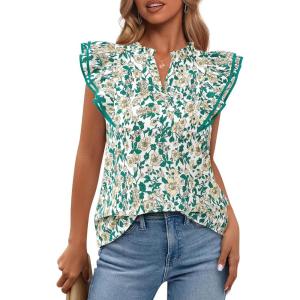 image:imageBTFBM Womens Tops Dressy Casual 2026 Spring Summer Shirts Boho Floral V Neck Ruffle Cap Sleeve Business Work BlousesFloral Green Yellow