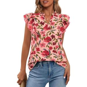 image:imageBTFBM Womens Tops Dressy Casual 2026 Spring Summer Shirts Boho Floral V Neck Ruffle Cap Sleeve Business Work BlousesFloral Orange Pink Red