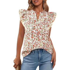 image:imageBTFBM Womens Tops Dressy Casual 2026 Spring Summer Shirts Boho Floral V Neck Ruffle Cap Sleeve Business Work BlousesFloral Orange Yellow