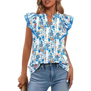 image:imageBTFBM Womens Tops Dressy Casual 2026 Spring Summer Shirts Boho Floral V Neck Ruffle Cap Sleeve Business Work BlousesFloral White Blue