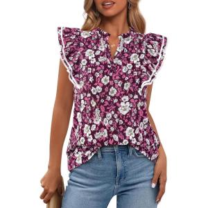 image:imageBTFBM Womens Tops Dressy Casual 2026 Spring Summer Shirts Boho Floral V Neck Ruffle Cap Sleeve Business Work BlousesFloral Wine Red White