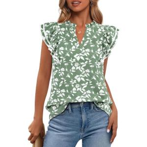 image:imageBTFBM Womens Tops Dressy Casual 2026 Spring Summer Shirts Boho Floral V Neck Ruffle Cap Sleeve Business Work BlousesLeaves Light Green