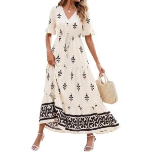 image:imageBTFBM Womens Summer Dresses 2026 Spring Casual Short Sleeve v Neck Boho Floral Flowy ALine Tiered Maxi Dress PocketsFloral Apricot Black