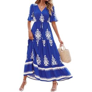 image:imageBTFBM Womens Summer Dresses 2026 Spring Casual Short Sleeve v Neck Boho Floral Flowy ALine Tiered Maxi Dress PocketsFloral Blue White
