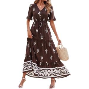 image:imageBTFBM Womens Summer Dresses 2026 Spring Casual Short Sleeve v Neck Boho Floral Flowy ALine Tiered Maxi Dress PocketsFloral Coffee White