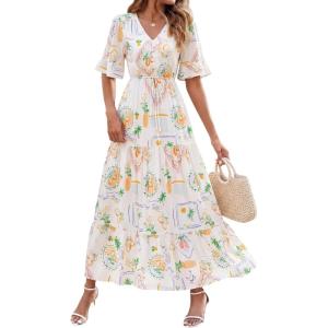 image:imageBTFBM Womens Summer Dresses 2026 Spring Casual Short Sleeve v Neck Boho Floral Flowy ALine Tiered Maxi Dress PocketsFloral White Multi