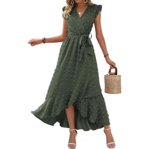 image:imageBTFBM Boho Dresses for Women 2026 Summer Fashion Cap Sleeve Swiss Dot Flowy Ruffle Beach Wedding Cocktail Maxi DressArmy Green