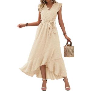 image:imageBTFBM Boho Dresses for Women 2026 Summer Fashion Cap Sleeve Swiss Dot Flowy Ruffle Beach Wedding Cocktail Maxi DressBeige