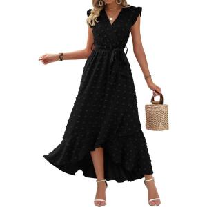 image:imageBTFBM Boho Dresses for Women 2026 Summer Fashion Cap Sleeve Swiss Dot Flowy Ruffle Beach Wedding Cocktail Maxi DressBlack
