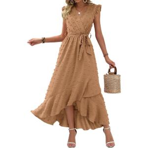 image:imageBTFBM Boho Dresses for Women 2026 Summer Fashion Cap Sleeve Swiss Dot Flowy Ruffle Beach Wedding Cocktail Maxi DressKhaki