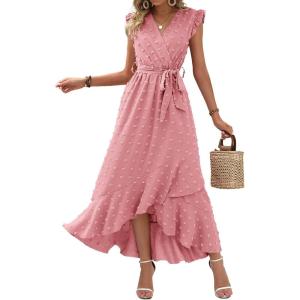 image:imageBTFBM Boho Dresses for Women 2026 Summer Fashion Cap Sleeve Swiss Dot Flowy Ruffle Beach Wedding Cocktail Maxi DressLight Pink